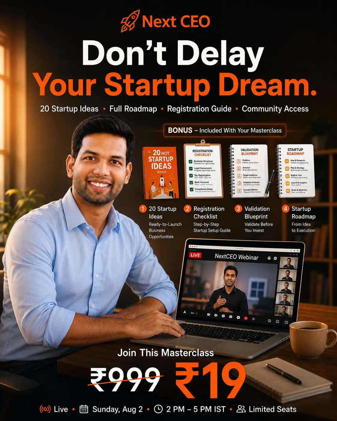 NextCEO Startup Masterclass — Don't delay your startup dream. Join live, ₹19.